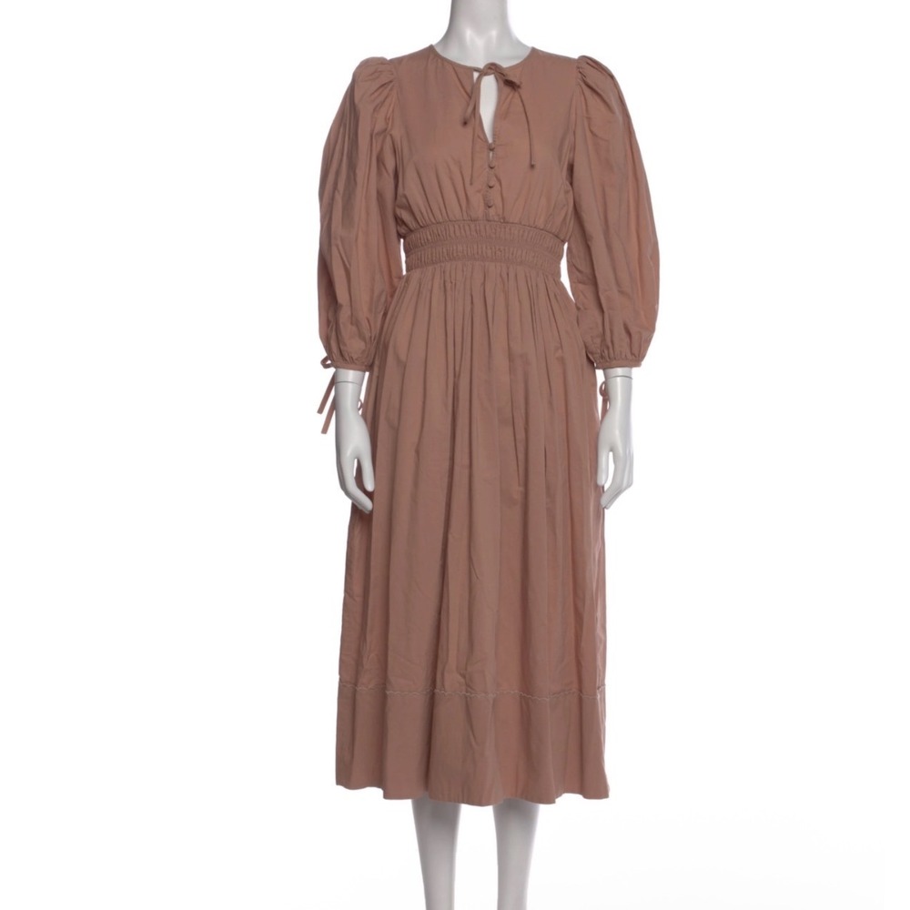 Hunter Bell Brown Cotton Minimalist Cottagecore Smocked Midi Dress Medium